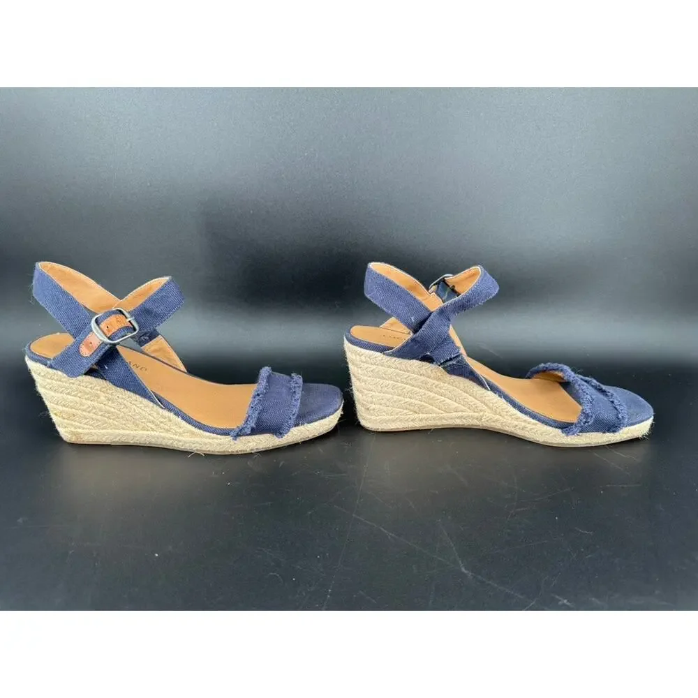 Lucky Brand Mindra Espadrille Wedge Sandals 7.5M Indigo Blue Canvas Frayed